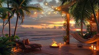 A Beautiful Golden Sunset By Cozy Beach House  Tropical Beach Waves & Crackling Fire Sound Relax