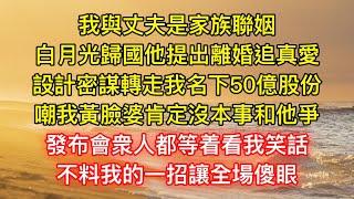 我與丈夫是家族聯姻，白月光歸國他提出離婚追真愛，設計密謀轉走我名下50億股份，嘲我黃臉婆肯定沒本事和他爭，發布會衆人都等着看我笑話，不料我的一招讓全場傻眼