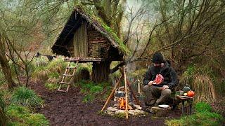 Building wood survival shelter in wildlands  Bushcraft & Campfire grilled meat