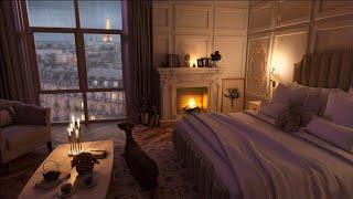 Fireplace and Rain on Windows in a cozy Paris Bedroom Ambience - ASMR for StudySleep