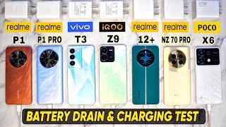 Realme P1 5G vs P1 Pro vs Vivo T3 5G vs 12 Plus vs Narzo 70 Pro vs iqoo z9 vs Poco x6 Battery test