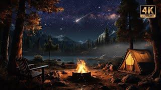 Cozy Camping with Shooting Stars Crackling Campfire & Nature Ambience  4K ️