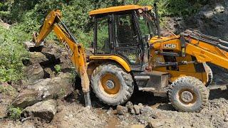 Protecting Narrow Mountain Road from Spring River Making Stone Wall-JCB Backhoe