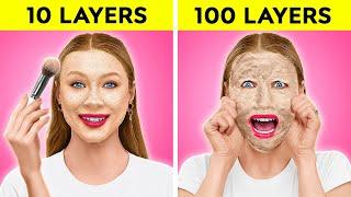 100 LAYERS CHALLENGE  1000 Coats of Nails Lipstick Makeup DARE GAME By 123 GO TRENDS