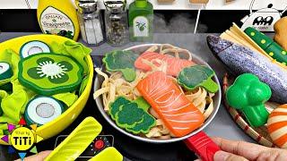 Cooking Salmon Pasta and Vegetables Salad with kitchen toys  Nhat Ky TiTi #281