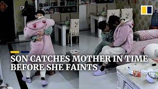 Caring son in China catches mother in time before she faints