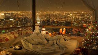 Christmas Vibes  4K Cozy Bedroom in Cityscape At Night - Relaxing Jazz Music for Sleep Study Calm