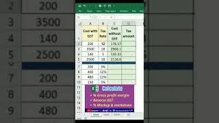 GST formula in Excel  Calculate cost without GST amount in Excel Reverse GST calculation #shorts
