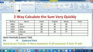 #MS WORD में लगायें SUM formula Hindi  MS Word Sum Calculate  Auto sum in MS Word Part-13