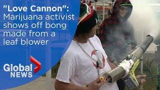 Marijuana activist shows off bong made from a leaf blower at 420 rally