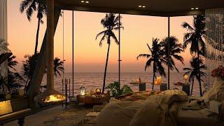 4K Summer Cozy Bedroom View of the Beach Sunset  Smooth Piano Jazz Music for Relaxing Chilling