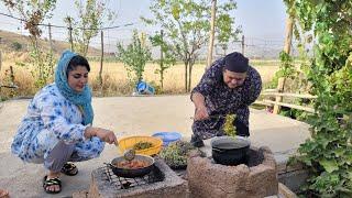 Harvesting black grapes and cooking lamb meat in traditional Iranian village pots