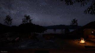 Camping Ambience On A Starry Night  Crackling Fire Crickets Water Sounds