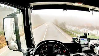 POV truck Driving MAN TGX 18.440 in a foggy weather Aracena to Higuera de la Sierra  view 4K