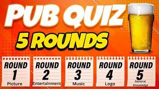 Pub Quiz - 5 Rounds  Picture Entertainment Music Logo and General Knowledge.  Virtual Pub Quiz