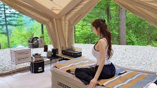 Solo camping in luxury oversized inflatable tent in the mountains - Forest Sound relaxing