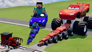 Big & Small Monster Truck Lightning Mcqueen vs Minecraft Steve vs Train Choo-Choo Charles  Beamng