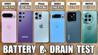 Pixel 9 Pro XL vs iPhone 15 Pro Max  S24 Ultra  Xiaomi 14 Pro  OnePlus 12 - BATTERY DRAIN TEST