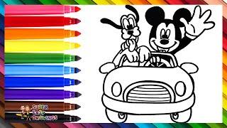 Draw and Color Mickey Mouse and Pluto in a Car  Drawings for Kids