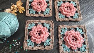 Crochet flower square motif  crochet 3D flower motif tutorial  Crochet tutorial