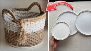 THE LID FROM A PLASTIC BUCKET WAS USEFUL IN CREATING A NEW BASKET  DIY BASKET 