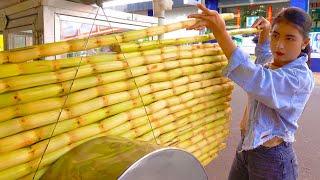 100% Fresh & Sweet The Process Of Making Sugarcane Juice - Cambodian Street Food