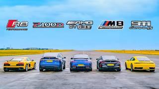 BMW M8 v Audi R8 v AMG GT 4dr v 911 vs Tesla Model X DRAG RACE