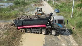 Incredible KOMATSu Bulldozer Pushing And Big Dump Truck Unloading Soil Into Water