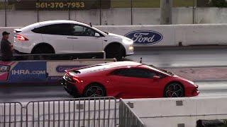 Tesla Model X Plaid vs Lamborghini Huracán 14 Mile Drag Races