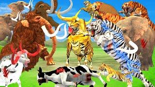 10 Giant Tiger vs 10 Elephant vs 10 Zombie Tiger Bull Attack Cow Buffalo Saved By Woolly Mammoth