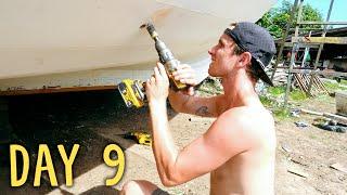 Drilling important holes in a 2 inches wooden boats hull — Sailing Yabá 177