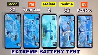 Redmi note 9 Pro Max vs Realme 6 vs Poco X2 vs Realme X2 vs Redmi K20 Pro Pubg extreme battery test