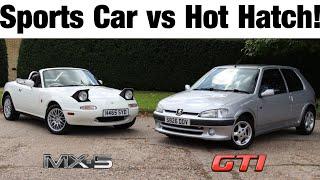 Sports Car vs Hot Hatch 90s Drivers Cars - Mazda MX5 & Peugeot 106 GTI