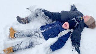 KiDS PLAYING IN THE SNOW Caleb and Big Sister Aubrey Have FUN Snow Day Sledding Snowball Fights