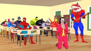 Spider-Man Shark vs iron man rescue the classroom from being attacked by bad guys Joker vs venom