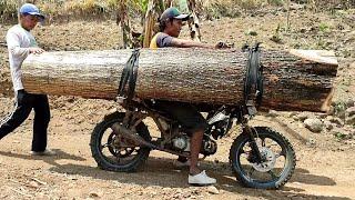 This is crazy and full of risks transporting large logs using a motorbike