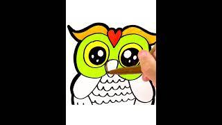 How to draw a cute owl for kids with colored marker - Drawing and Coloring page for children