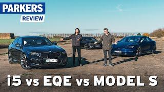 Tesla Model S vs BMW i5 vs Mercedes-AMG EQE Review  Which premium electric saloon car is best?