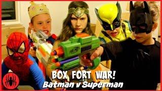 BOX FORT WAR Nerf War Batman v Superman w Kid Deadpool Spiderman SuperHero Kids real life movie