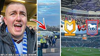 MK DONS VS IPSWICH TOWN  0-1  POLICE ESCORT 7000 TOWN FANS PYROS & CHAOS AS IPSWICH WIN AWAY