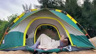 SOLO overnight camping – Tiny girl relaxing in a big tent – Cosy asmr camping– camping in the rain.