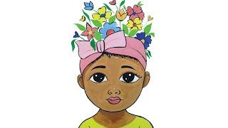 How to draw  African Girl with flower on her head