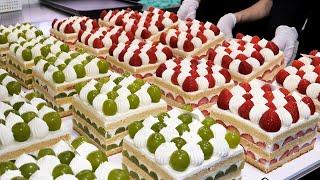 꾸덕한 생크림 듬뿍 달콤한 다양한 생과일 스퀘어 케이크 만들기 딸기 청포도 making various square fruit cake - korean street food