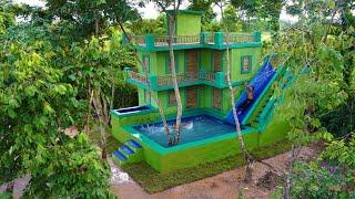 Build Elegant Modern  4-Story House Design Water Slide Swimming Pool And Water Park In Forest