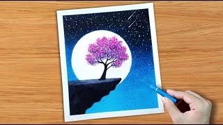 Drawing with oil pastel  Moonlight night scenery drawing #shorts