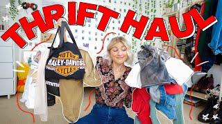 BIG THRIFT STORE TRY ON HAUL  one of my BEST thrift hauls thrifting Harley Davidson DENIM + MORE