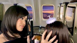 ASMR Southern Mom Lady On The Airplane Does Your Hair w Neck + Scalp Massage ️ gum chewing RP