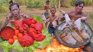 Primitive Technology - Eating deLicious in The forest coocking pig Leg #000203