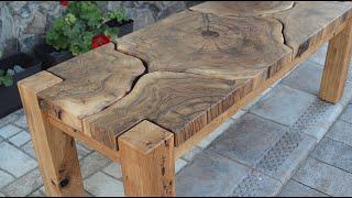 Oak bench with walnut top