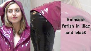 Blonde girl in vinyl raincoat and vinyl pants - pvc pants shiny raincoat Hunter wellies